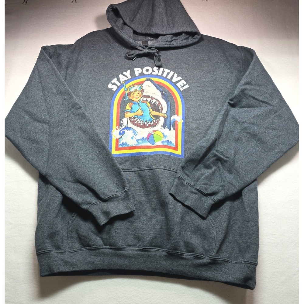 Steven Rhodes Stay Positive Shark Graphic Hoodie XL Retro Parody Gray